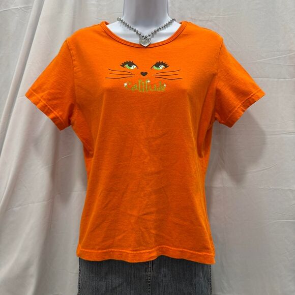 orange halloween catitude graphic baby tee cat eyes Y2K fits M - Picture 2 of 5